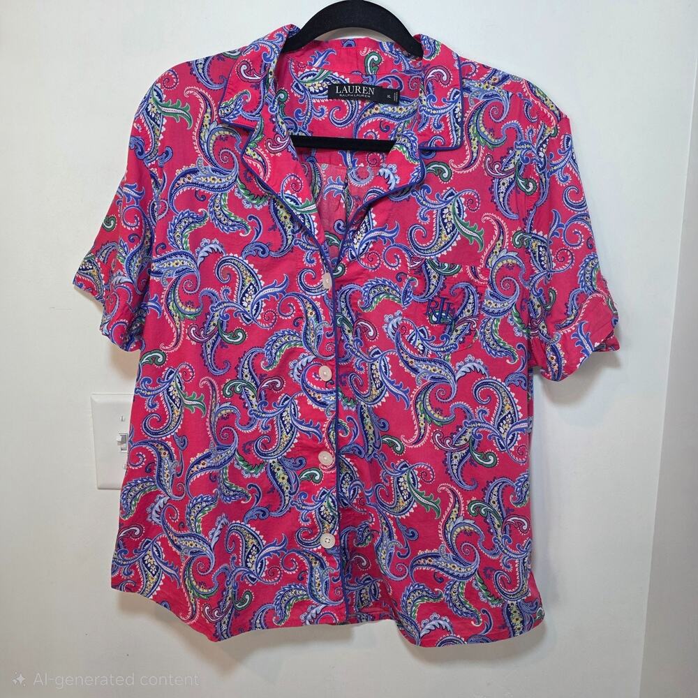 Lauren Ralph Lauren Womens Pajama Top XL Pink Paisley Button Down Shirt Logo